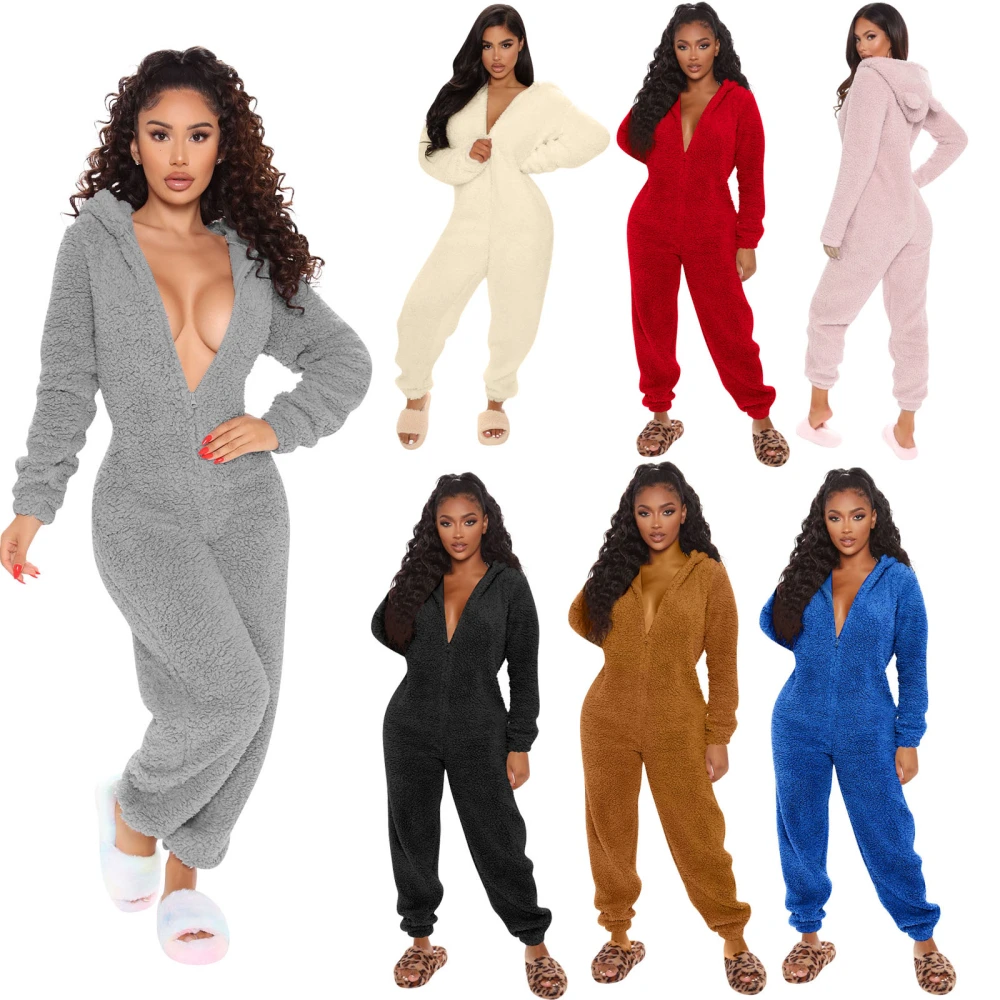 Women Winter Thermal Fleece Jumpsuit Long Sleeve Zip Up Hooded Bodysuit