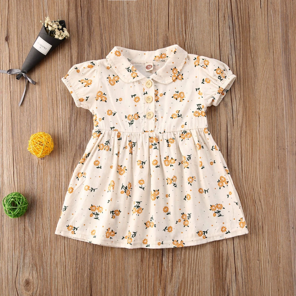 Baby Girl's Lapel Collar Dress, Flower Printing Short Sleeve Outfits