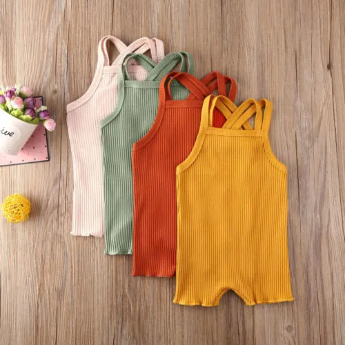 Baby Girl Suspenders Romper, Vertical Strip Casual Outwear Jumpsuit