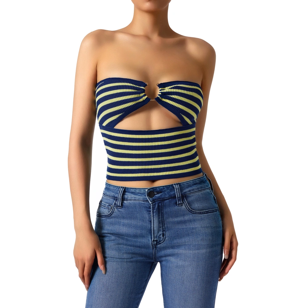 Women Fashion Tube Tank Tops Front Cutout Ring Strapless Stripe Vest