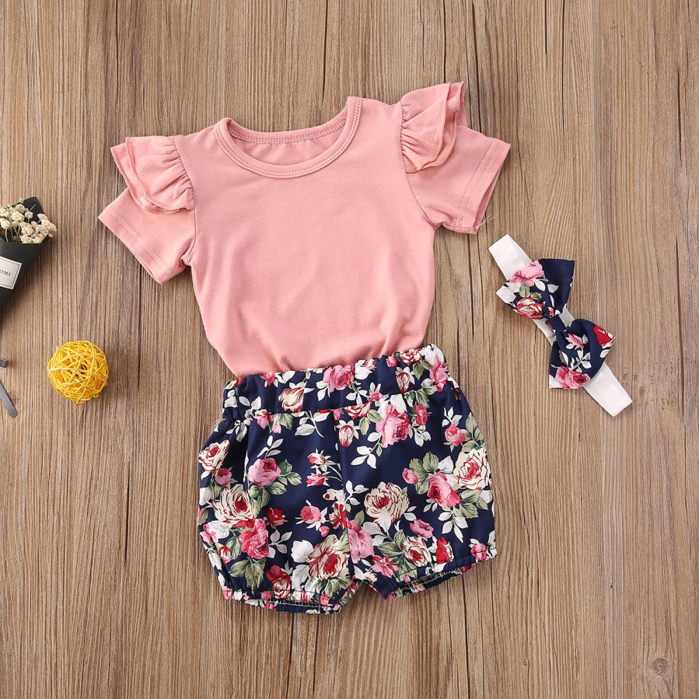 Baby Girls Clothing Set, Plain Jumpsuit + Flower Pattern Shorts + Bow Hairband