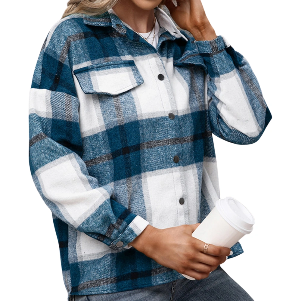 Women's Button Down Lapel Jacket, Long Sleeve Plaid Loose Shirt Coat