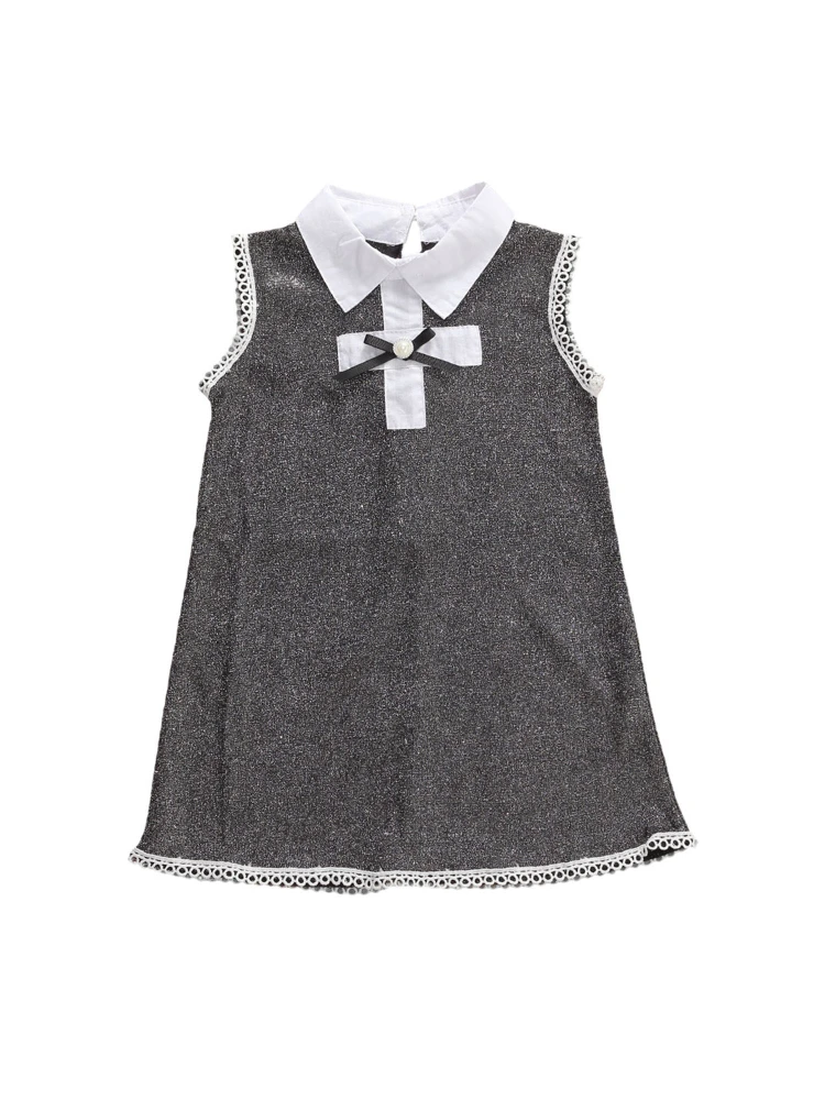 Girls Skirt Loose Bow Pearl Lace Stitching Sleeveless Lapel Dress