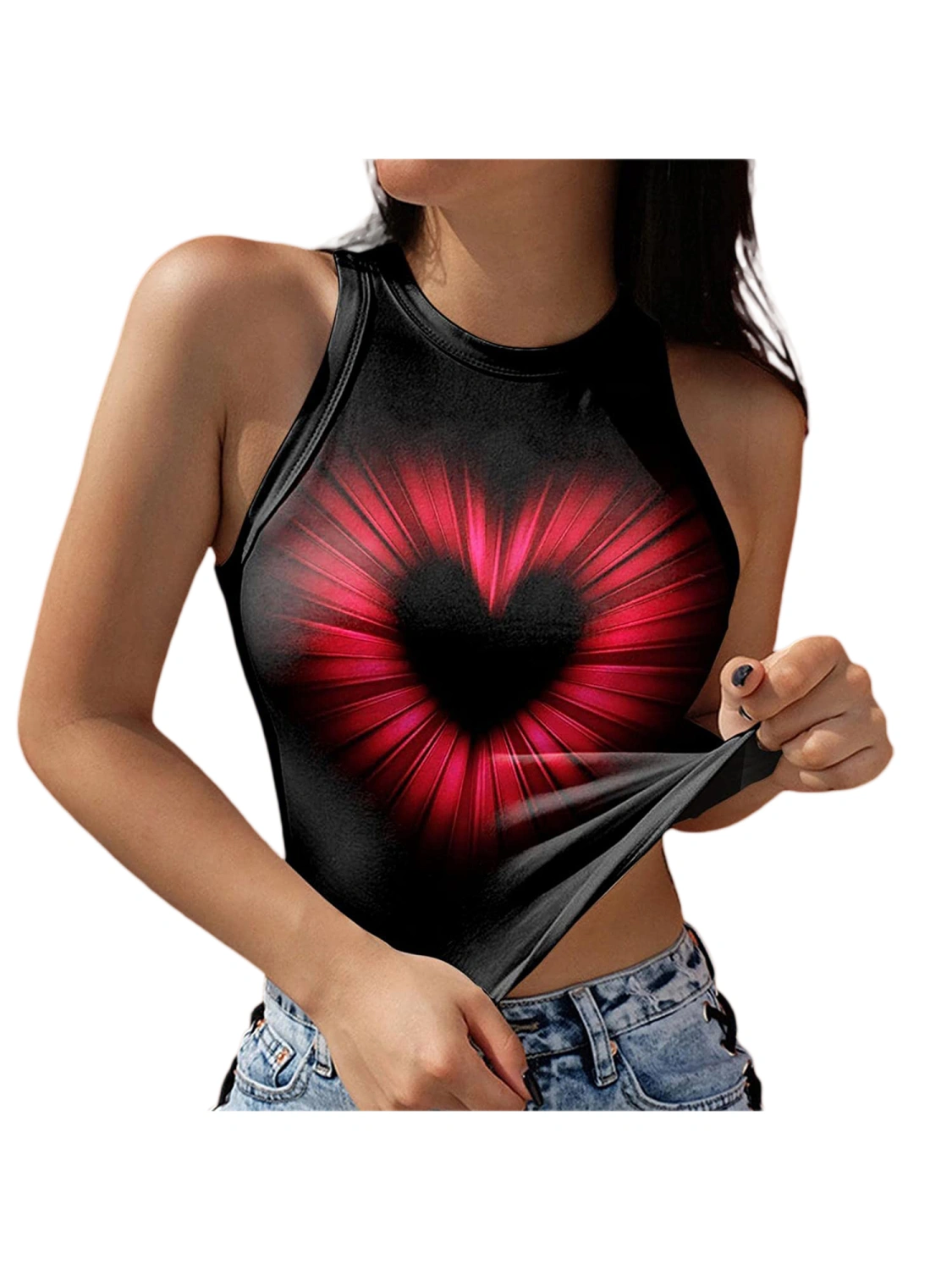 Women Tanks Tops with Heart Pattern, Skinny Fit Casual Style  Clothing