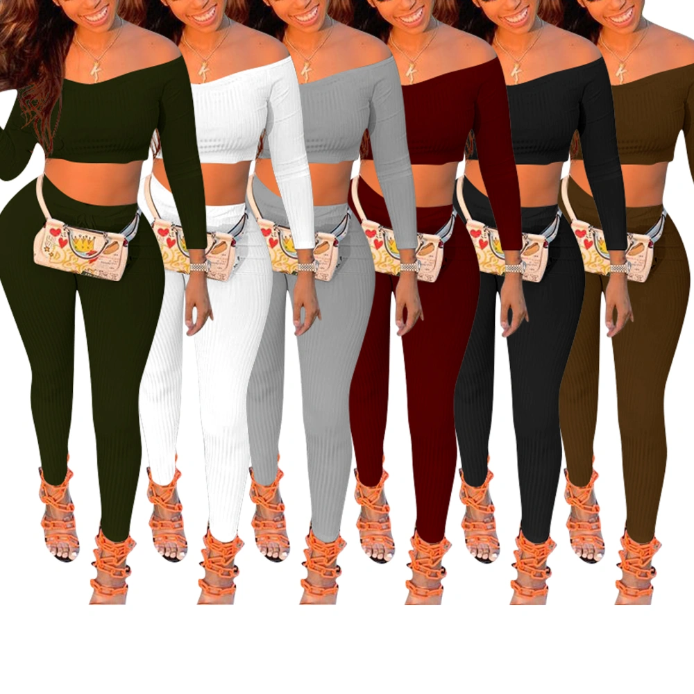 Women Off Shoulder Long Sleeve Crop Top + High Waist Leggings Outfits