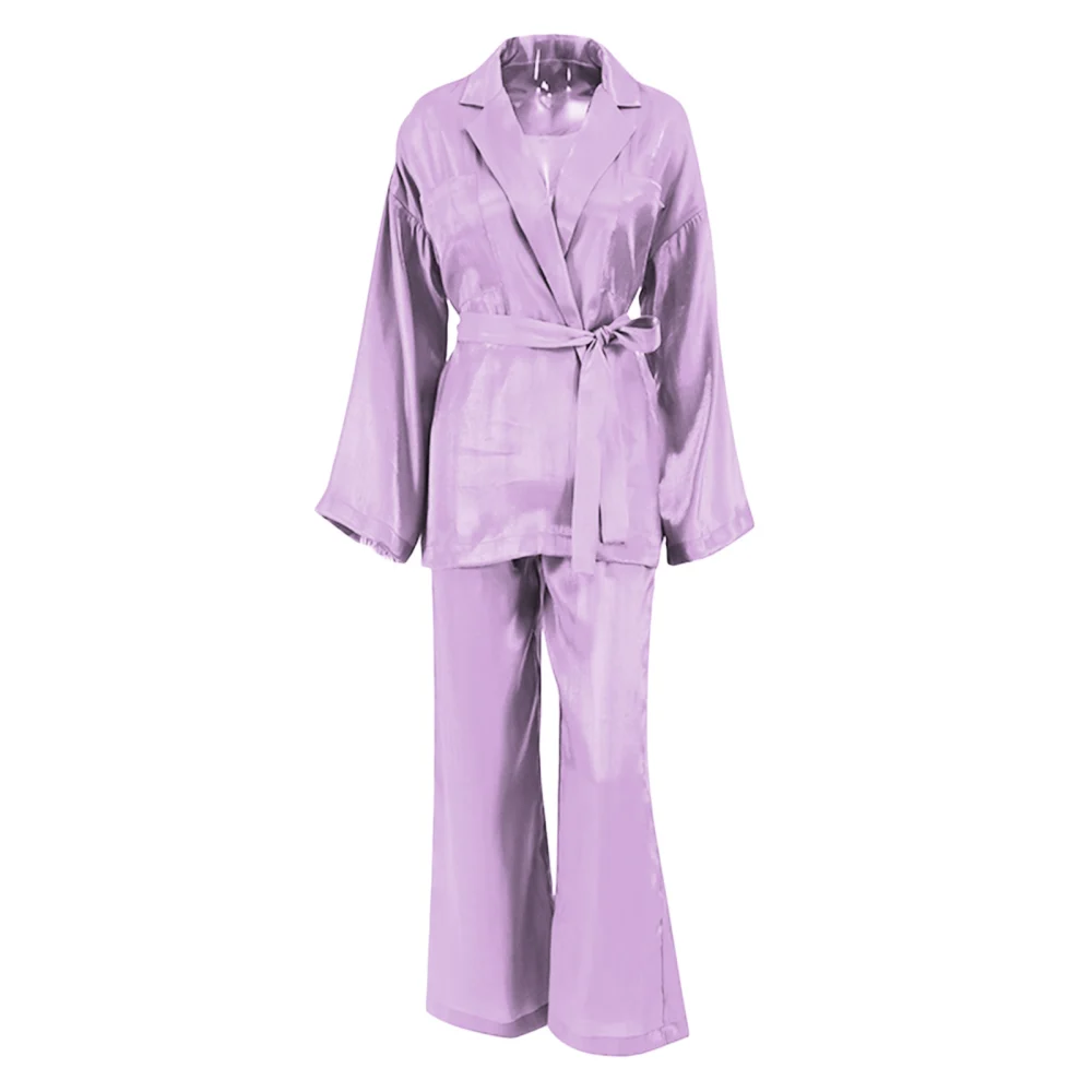 Women Homewear Set, Long Sleeve Solid Lapel Tops+Long Pants+Belt