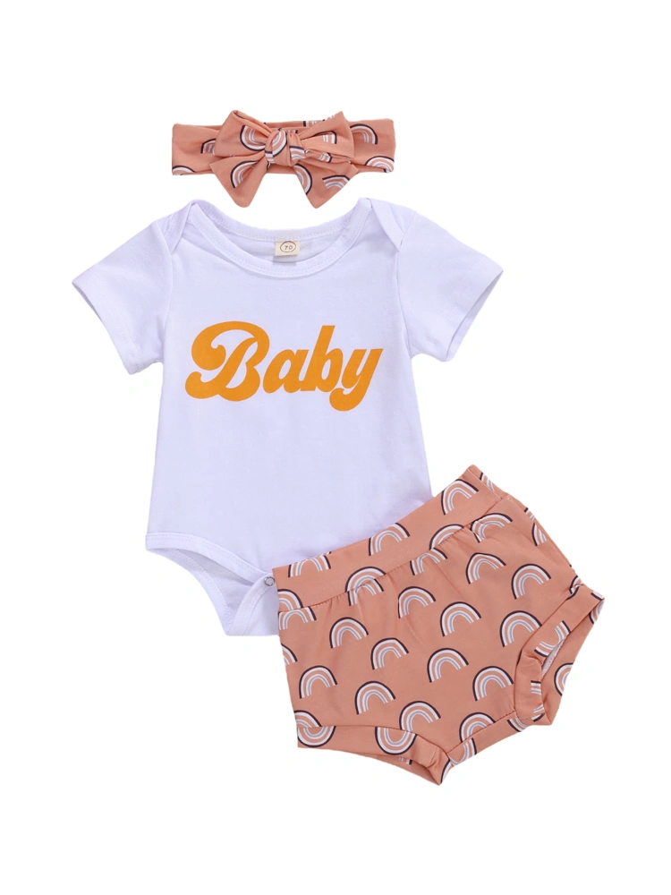 Baby Breeches Suit Hairband Letter Romper Rainbow Print Shorts Set