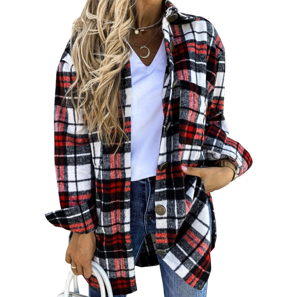 Plaid Cardigan, Single-breasted Long Sleeve Lapel Shirt with Pockets