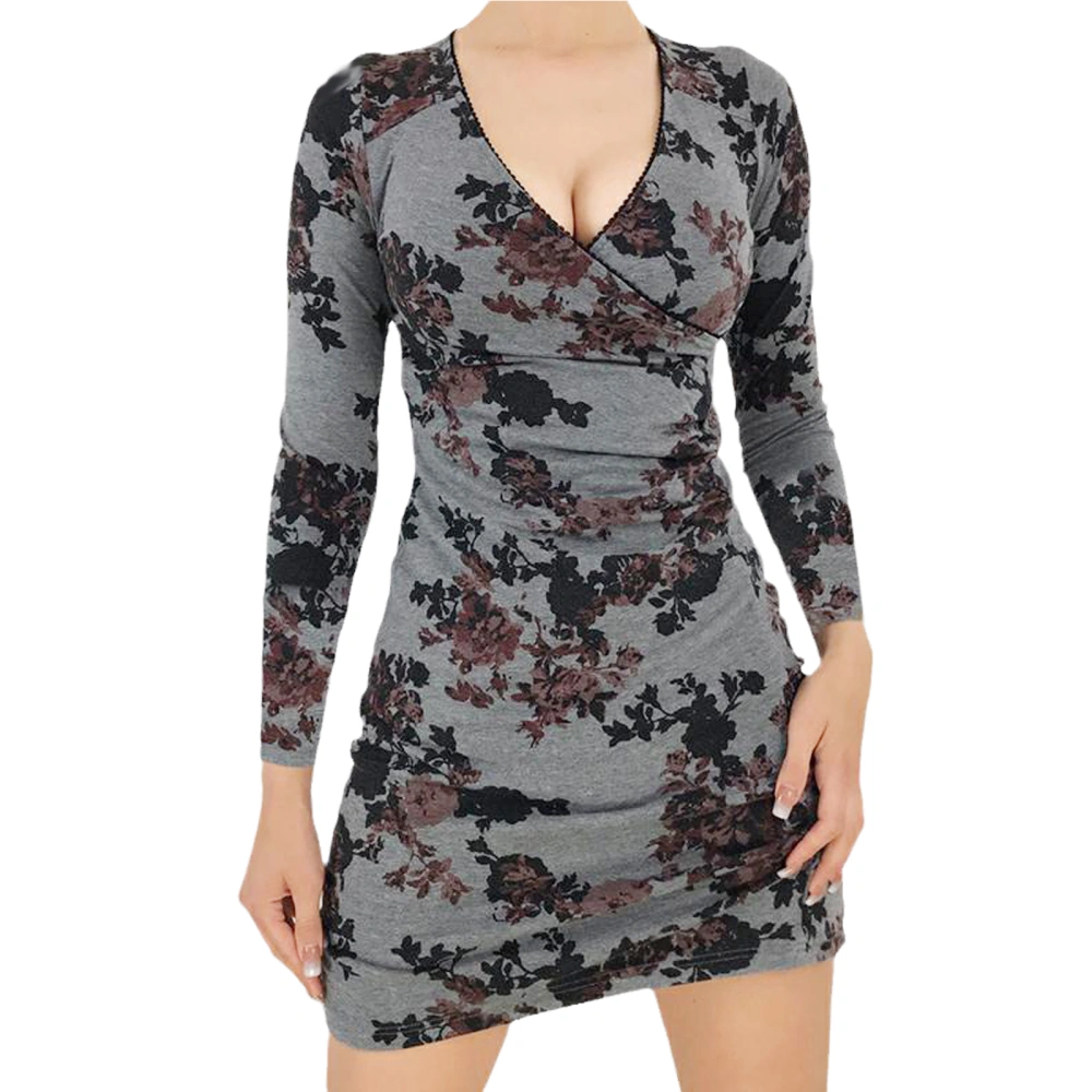 Women Close-fitting Dress, Plunging Neckline Long Sleeve One-piece