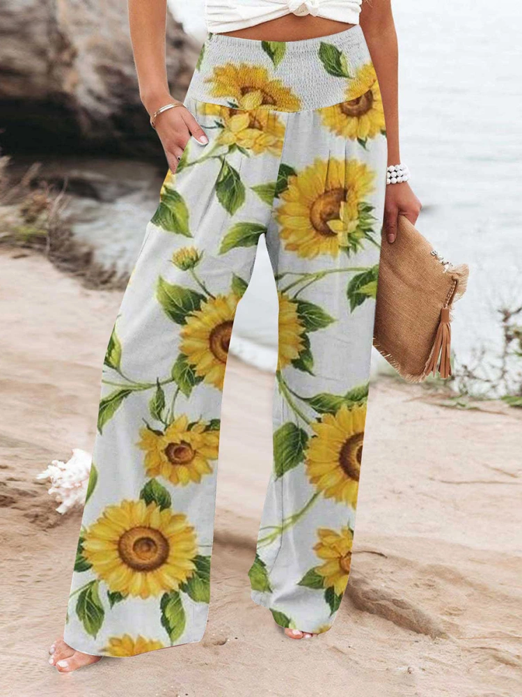 Women's Summer High Waist Casual Contrast Color Wide Leg Pants