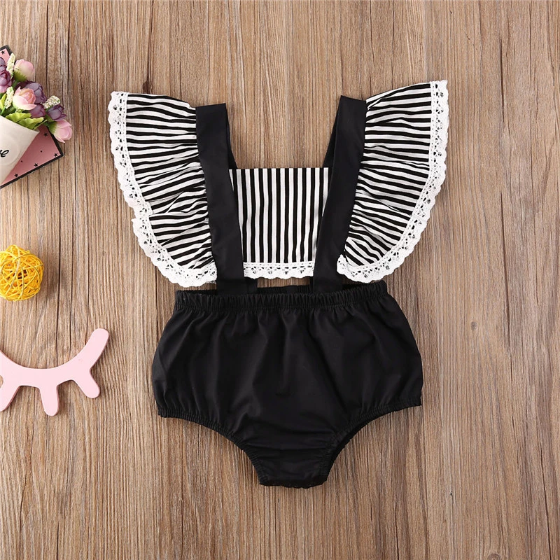 Baby Girl One-Piece Romper Summer Flying Sleeve Striped Patchwork Bodysuits