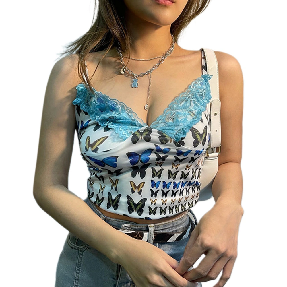 Women's Sleeveless V Neck Butterfly Print Lace Stitching Camisole