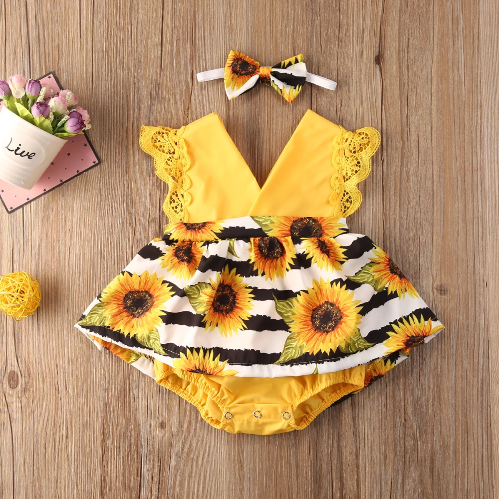 Baby Girls Summer Clothes Set Sunflowers Print Sleeveless Romper+Headband