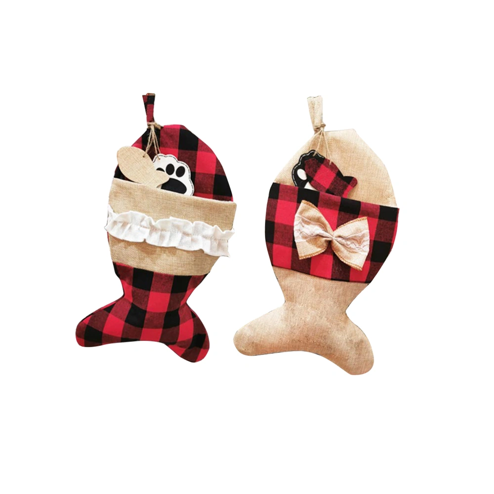 Christmas Pet Stockings, Hanging Plaid Fish Bow Bone Gift Bag