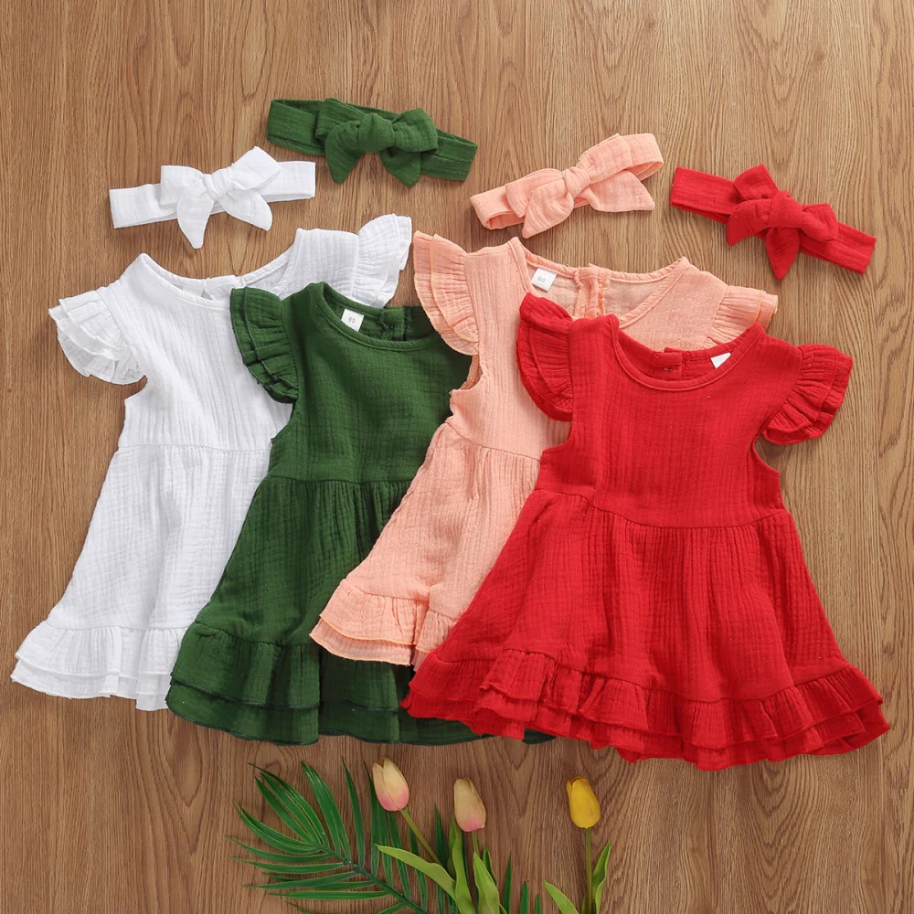 Baby Girls Summer Clothes Set Sleeveless Solid Color Ruffle Dress+Headband