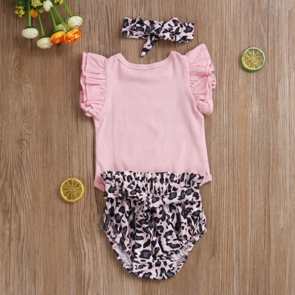 Newborn Girl Leopard Outfits Short Sleeve Letters Romper Shorts Pants Headband