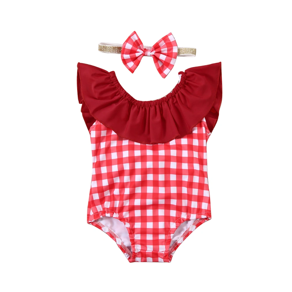 Baby Girls One Piece Swimsuit Plaid Ruffle Beachwear with Headband Sunsuit