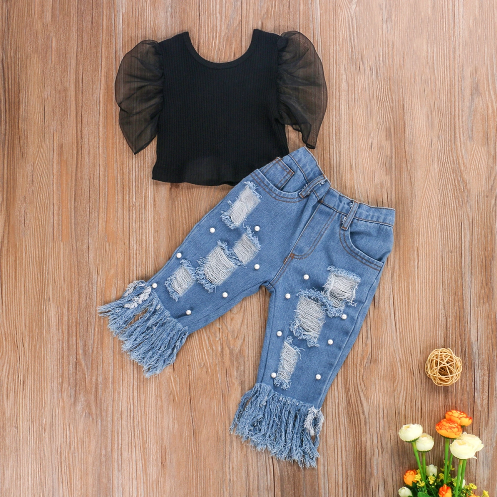 Girls Two-piece Clothes Set, Round Collar Puff Sleeve T-shirt and Long Jeans