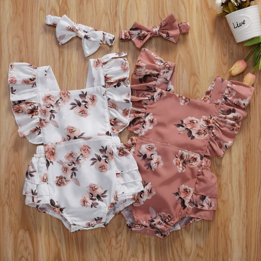 Baby Girls Clothes Set, Floral Print Sleeveless Romper and Headdress