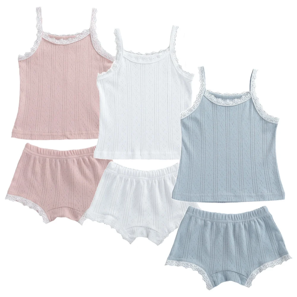 Baby Girls Summer Pajamas Set Sleeveless Solid Color Lacework Camisole+Shorts