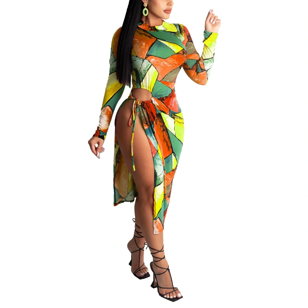 Women’s Printing Bandage Long Sleeve Irregular Skinny Midi Dress