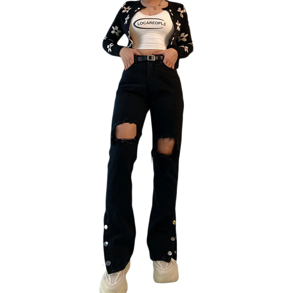 Women Denim Pants High Waist Hollow Out Pockets Casual Trousers