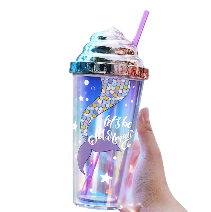 Reusable Mermaid Pattern Double-Layer Straw Cup with Sealing Cover