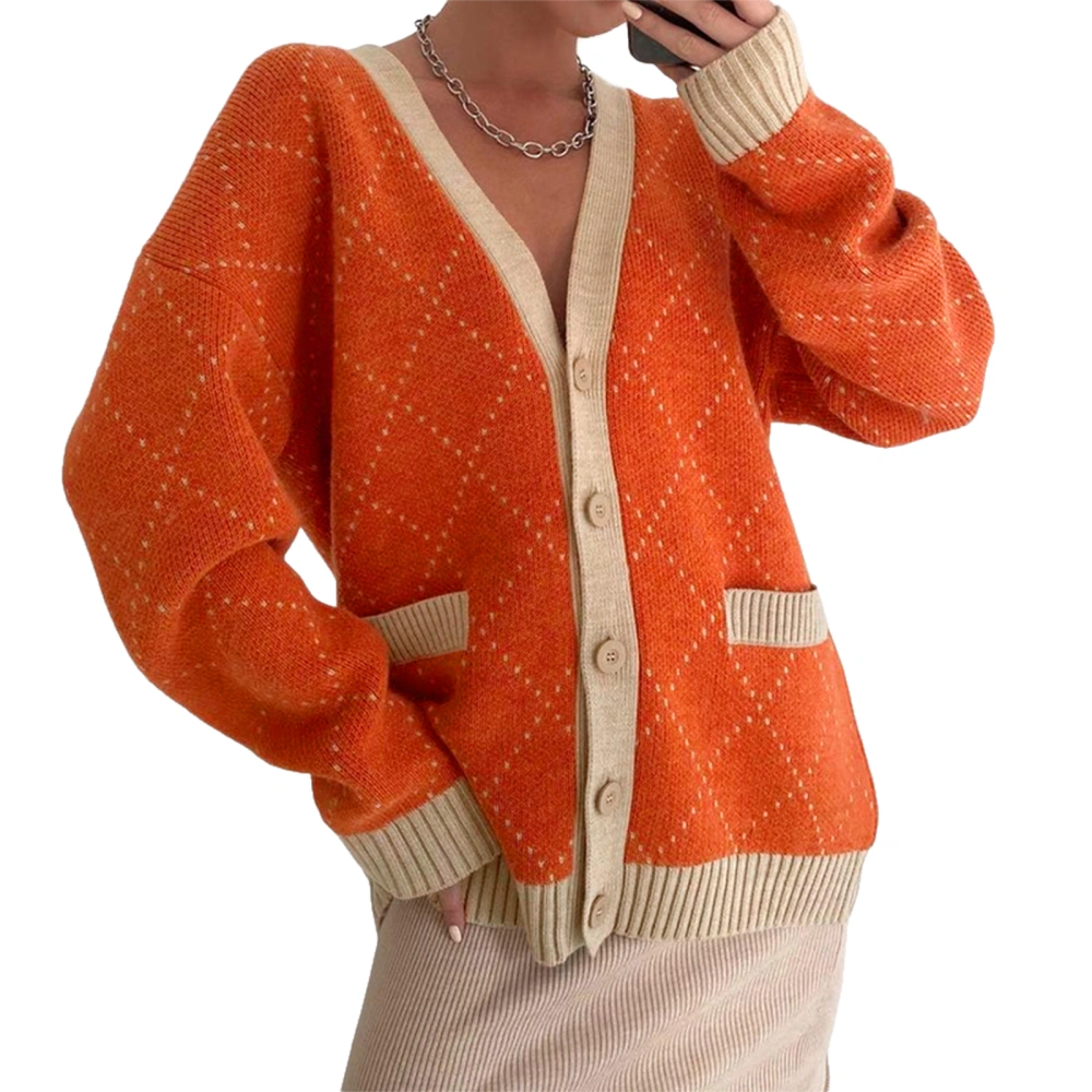 Women Knitted Cardigan, Argyle Printed Pattern Button-down Sweater