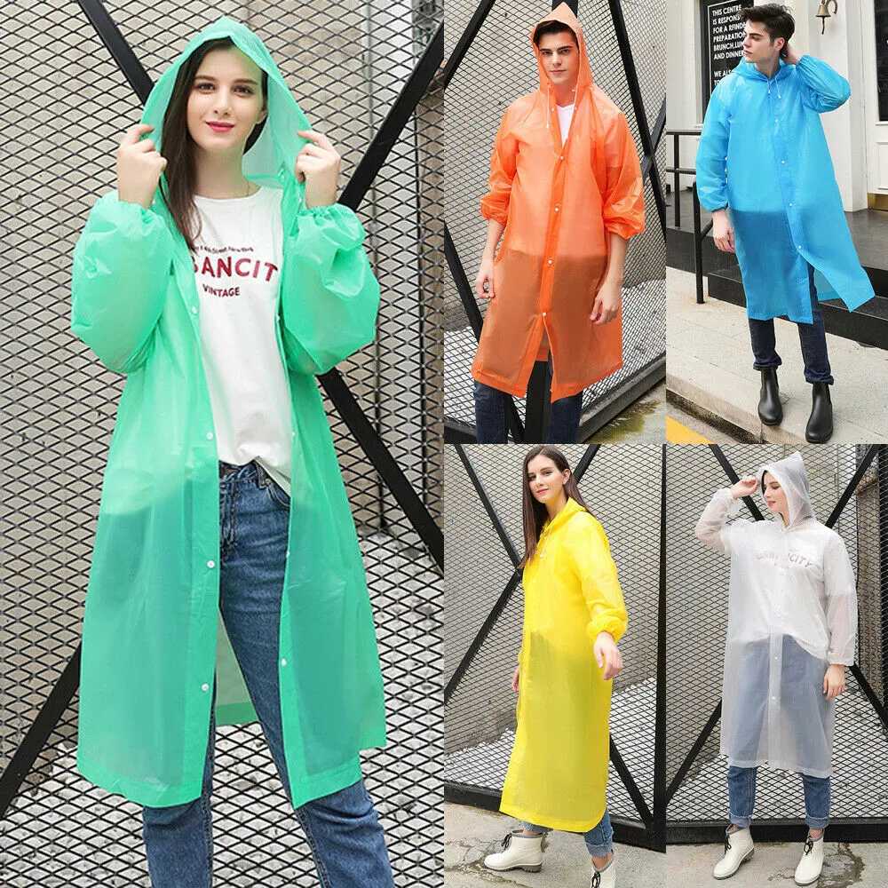 Adult Hooded Raincoat Long Sleeve Button Closure Reusable Rain Poncho