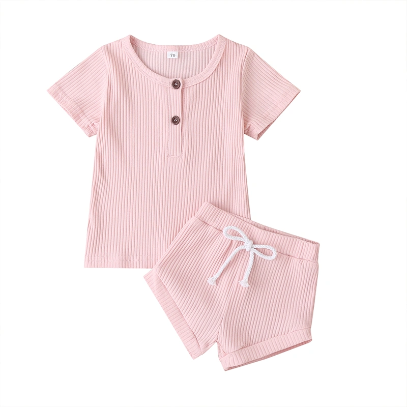 Baby Girls Boys Knitted Short Sleeve T-Shirt Top Solid Color Shorts