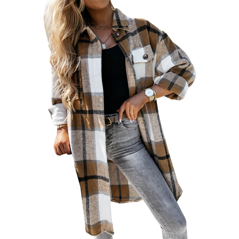 Button-down Shirt, Irregular Plaid Print Long Sleeve Lapel Outerwear