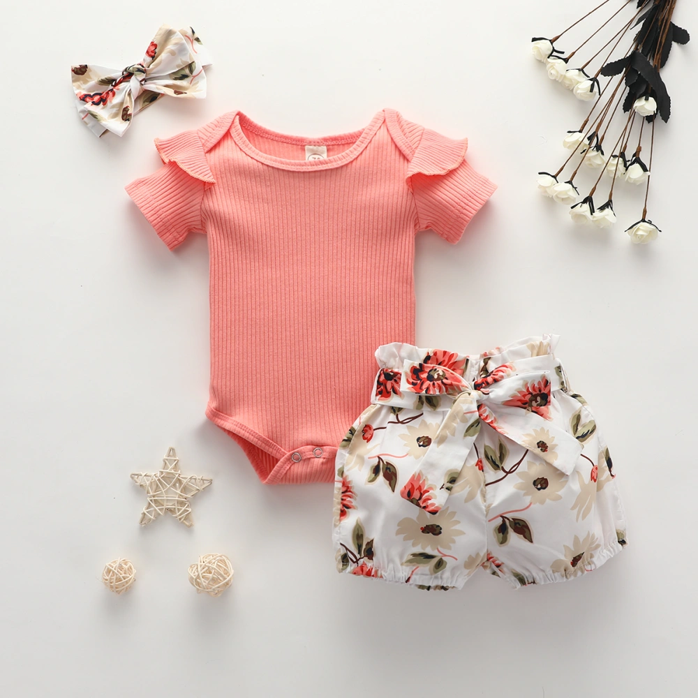 Girls 3 Pieces Outfit, Ruffle Short Sleeve Romper + Floral Shorts + Headband