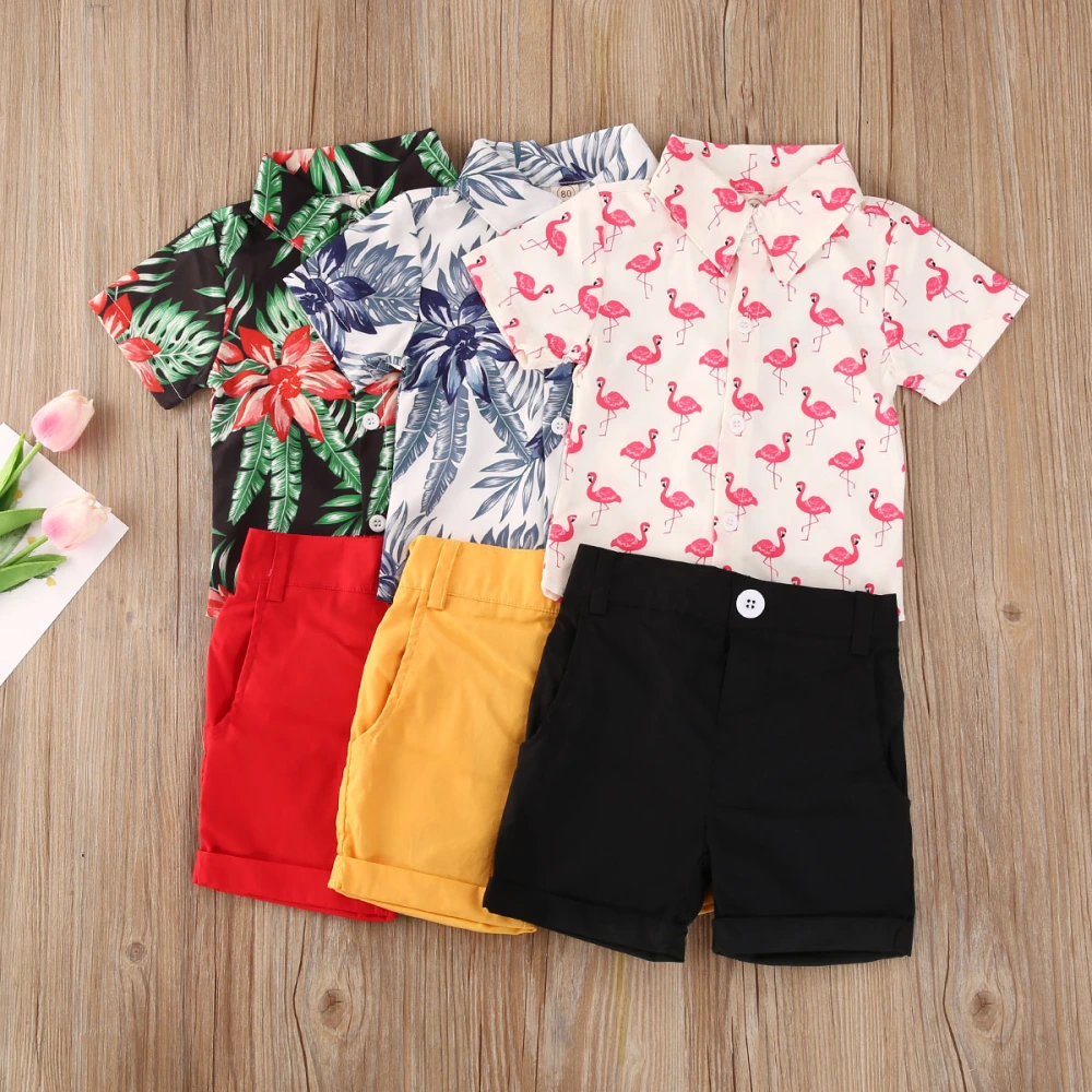 Infant Boys Clothing Set, Printing Lapel Top + Elastic Waist Shorts