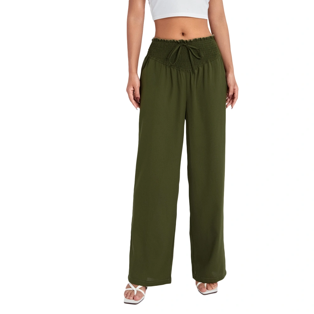 Women Wide-Leg Pants Solid Color Drawstring Elastic Loose Trousers