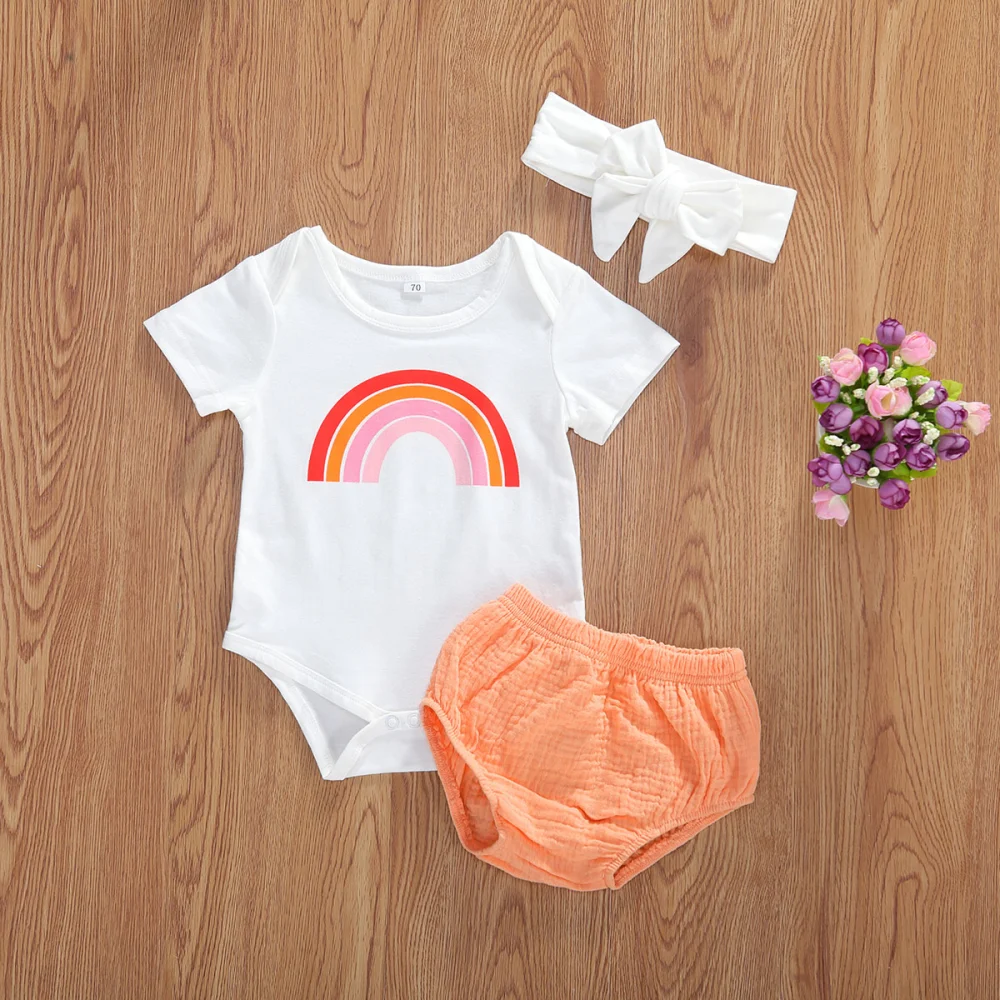 3Pcs Baby Clothes, Short-sleeved Rainbow Romper + Shorts + Headband