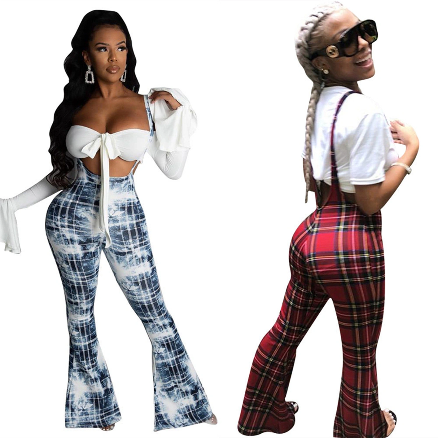 Women Plaid Overalls High Waist Stretch Suspender Trousers Long Flare Pants