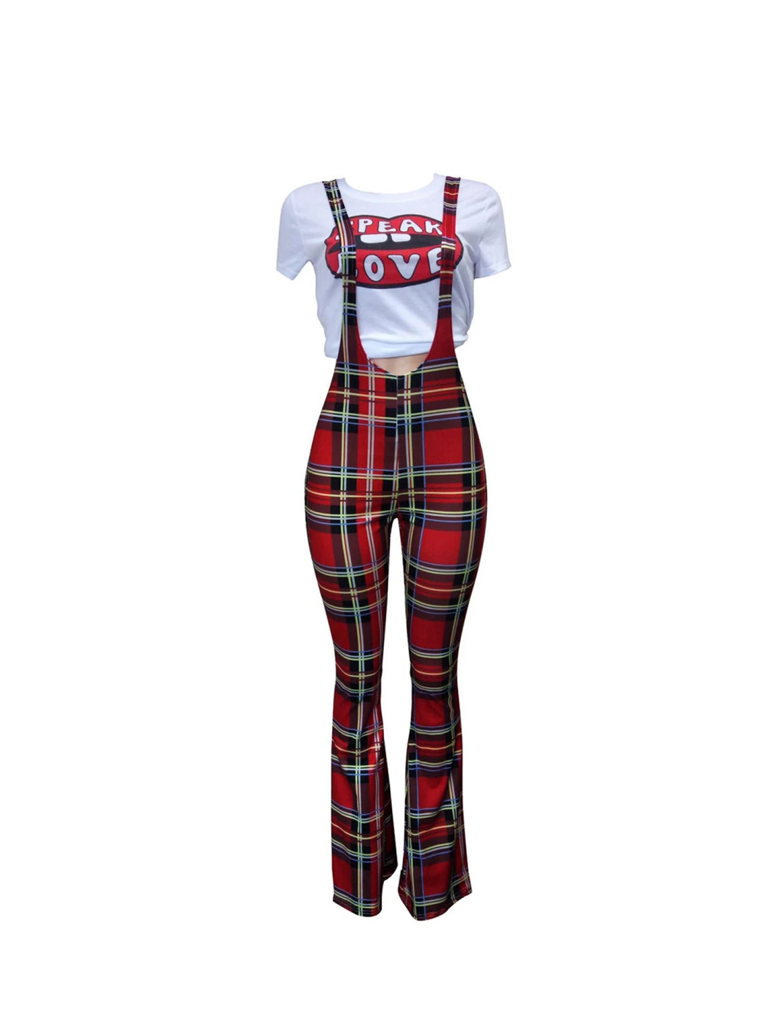 Women Plaid Overalls High Waist Stretch Suspender Trousers Long Flare Pants