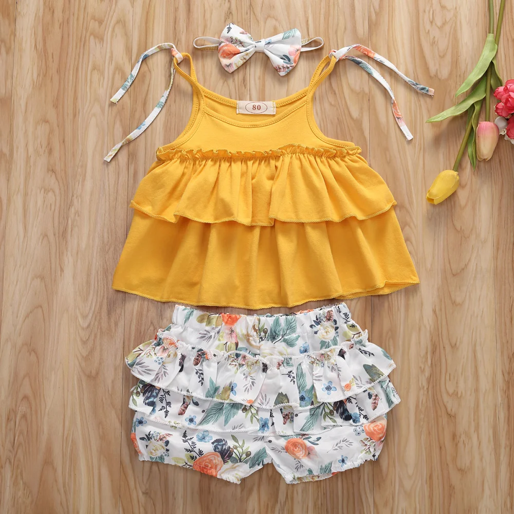 3 Pcs Girl Shorts Suit, Sling Tops+Ruffle Flower Shorts+Headband Sets