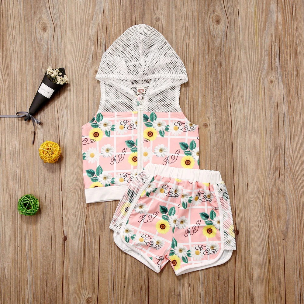 Girls Sunflowers Pattern Clothing Set, Hooded Tops + Sports Shorts