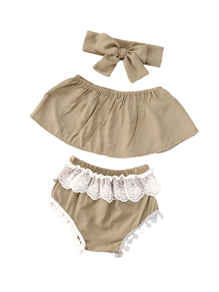 Girl's Sleeveless Ruffles Tops, Lace Decoration Shorts and Headband