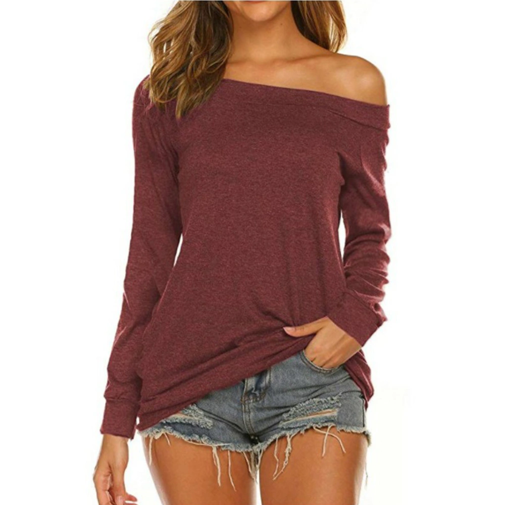 Female Tops, Solid Color Boat Neck Long Sleeve Pullover Off Shoulder Blouse