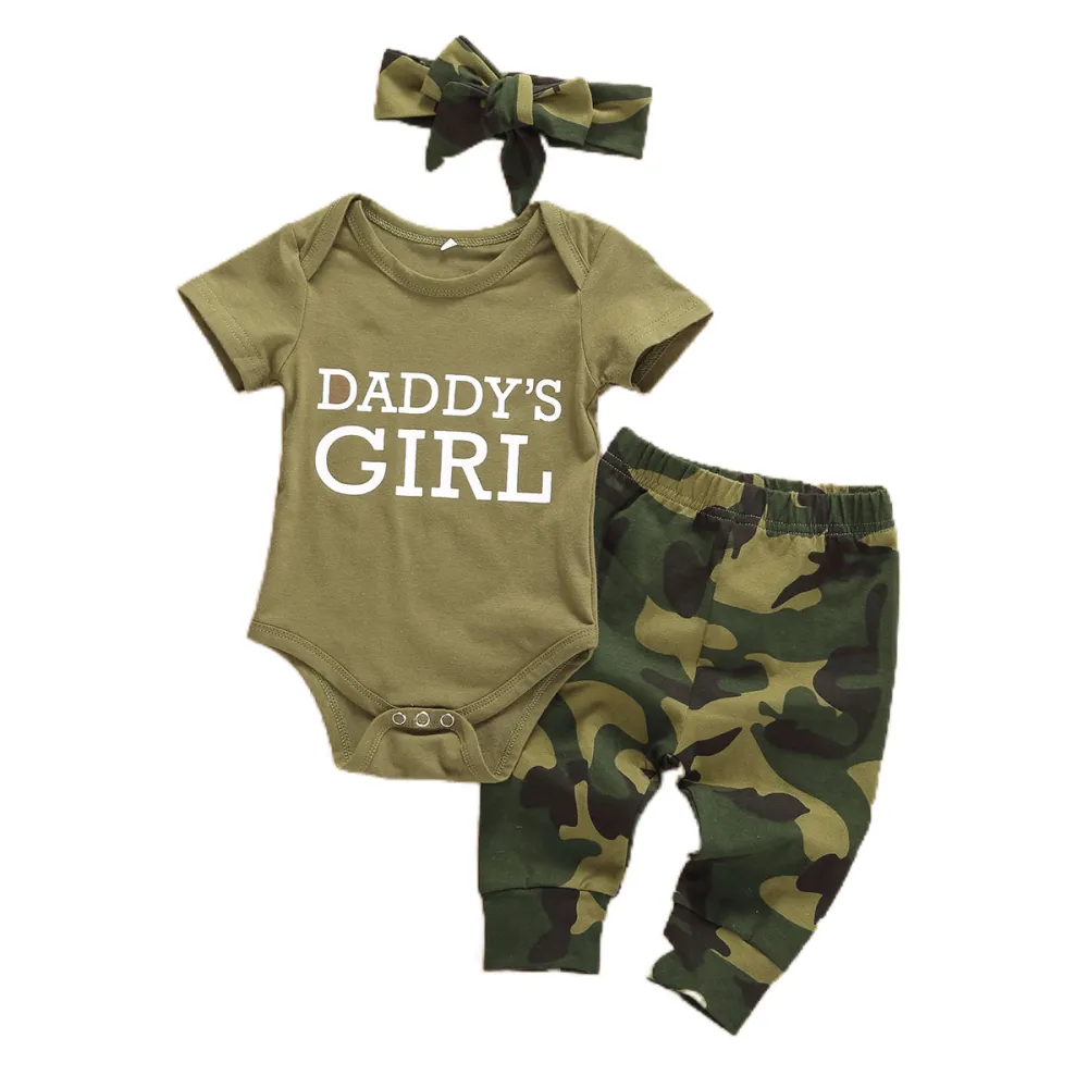 Boys Girls 3Pcs Set, Romper Tops + Camouflage Pants + Hat/Headband