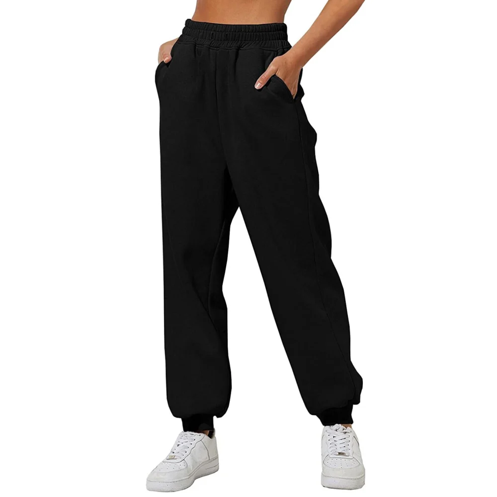 Women Sports Trousers Plush High Waist Pockets Loose Winter Pants