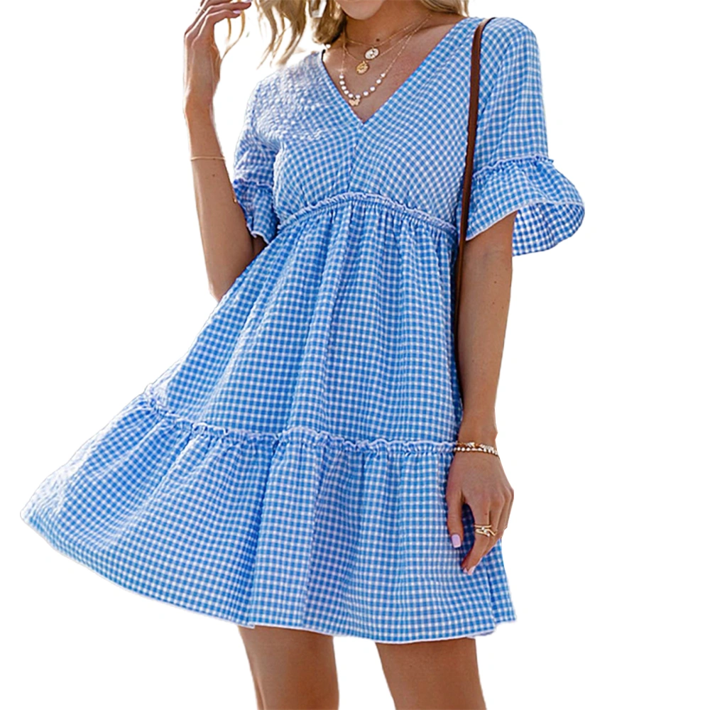 Women A-line Dress V-neck Plaid Dress with Short Ruffled Sleeves