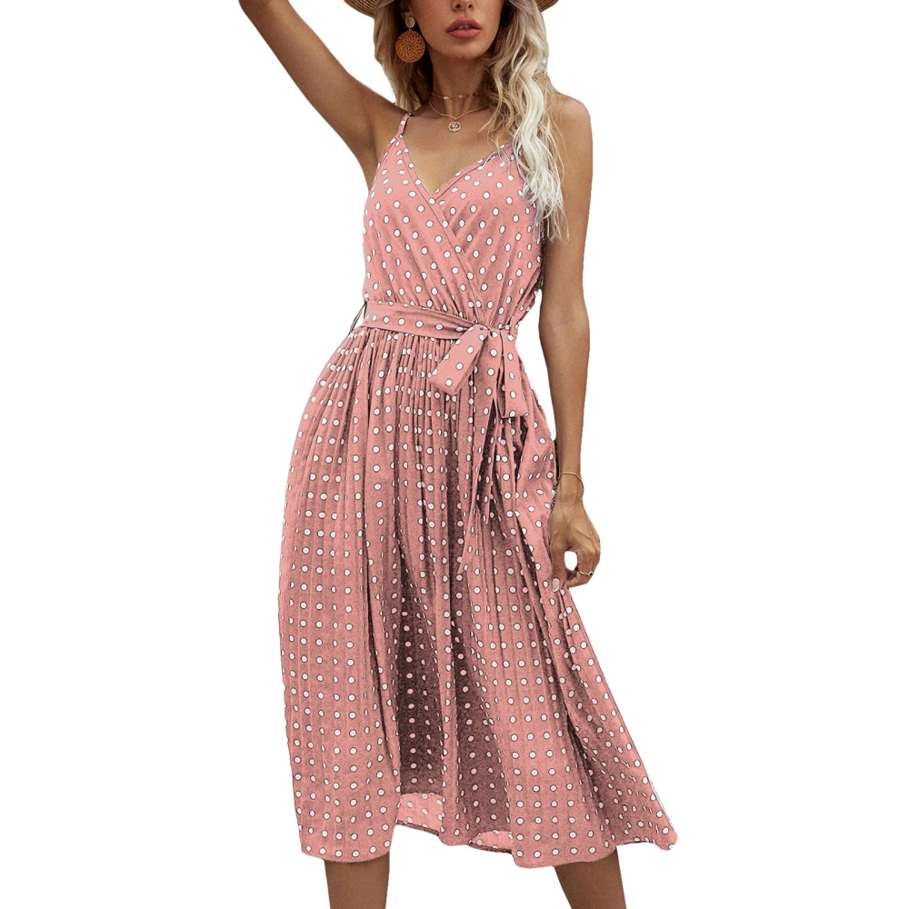 Women's Spaghetti Strap Dress, Dot Print V-Neck Belted Summer Dress