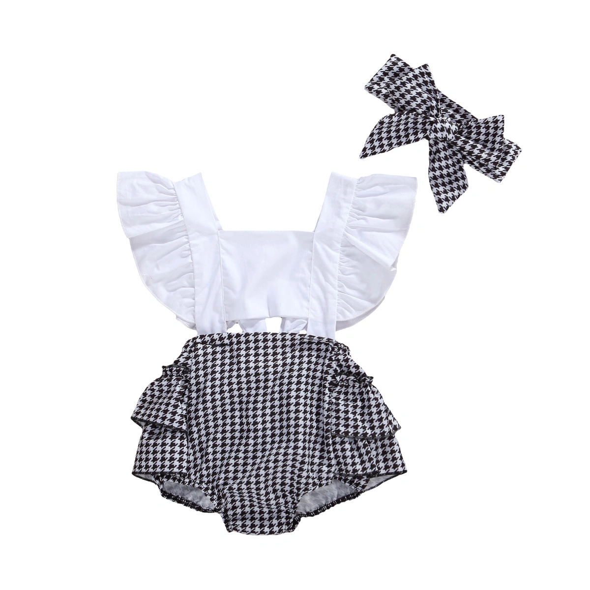 Newborn Baby Girls Summer Jumpsuit, Romper with Ruffle+Bow Plaid Headband