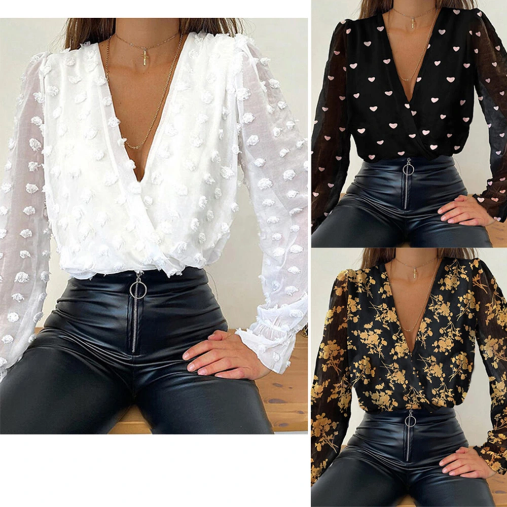 Women's Fashion White Jacquard Chiffon Blouse, Sexy Deep V-neck Top