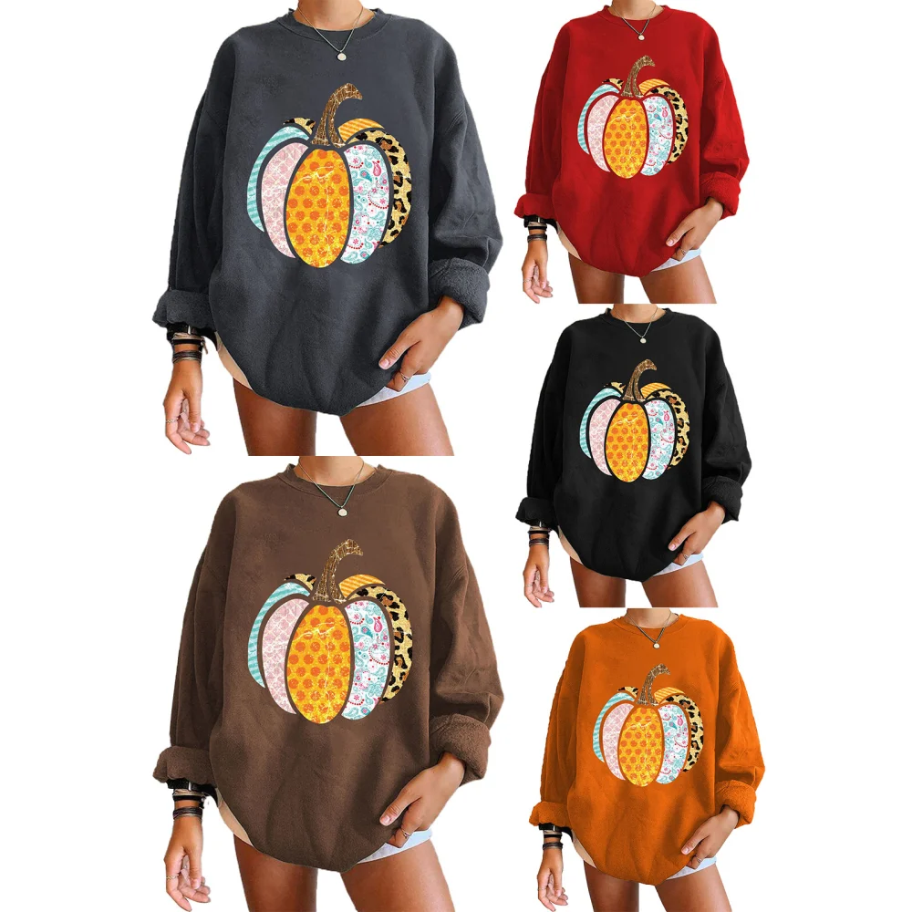 Women's Christmas Sweatshirts Pumpkin Patterns Crew Neck Pullovers