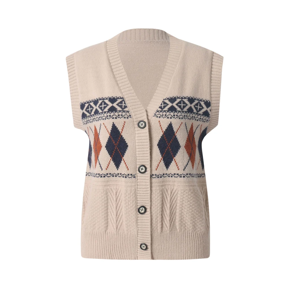 Women’s Fashion Argyle Plaid V-neck Sleeveless Knitted Cardigan