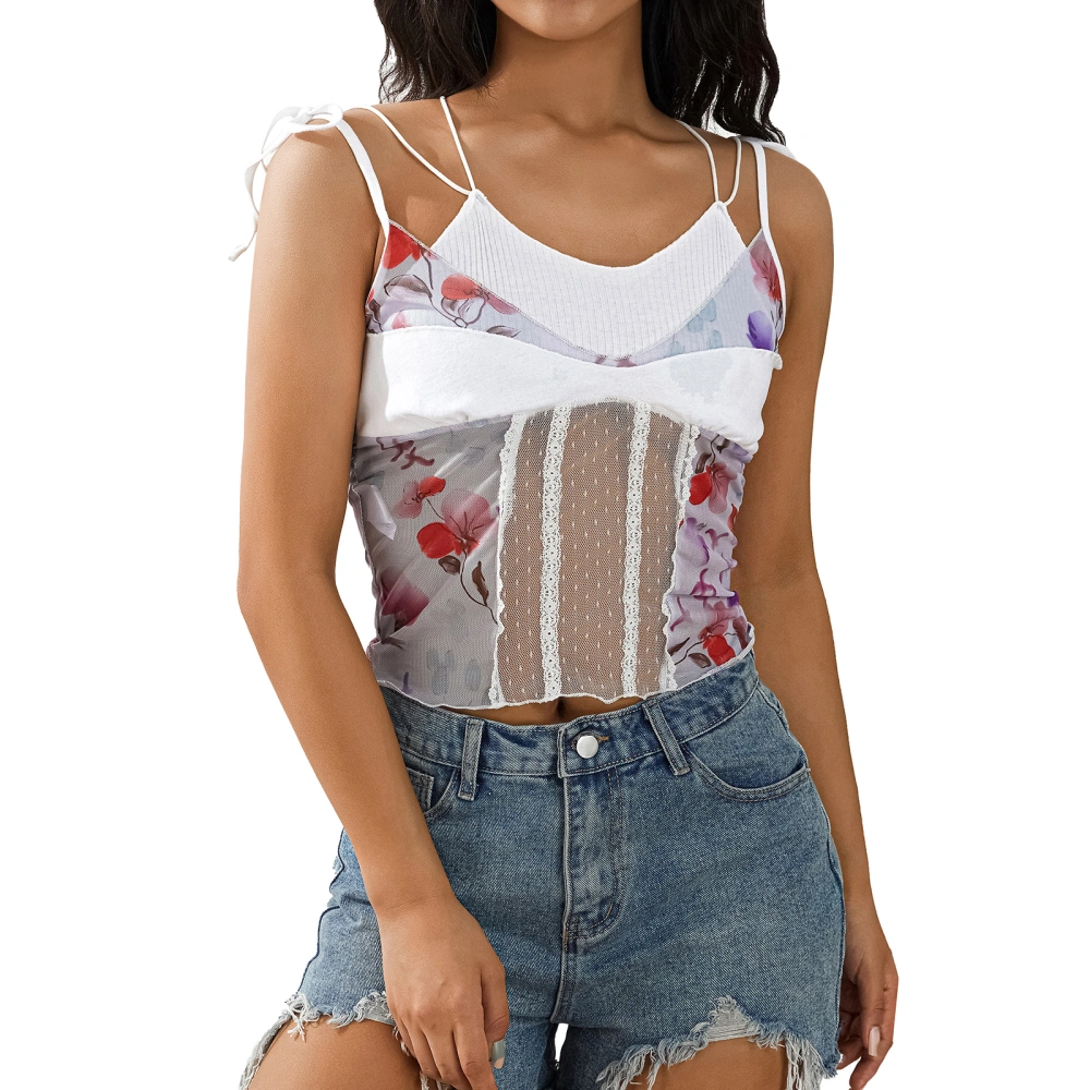 Women's Tank Tops, Spaghetti Strap See-Through Patchwork Crop Vest